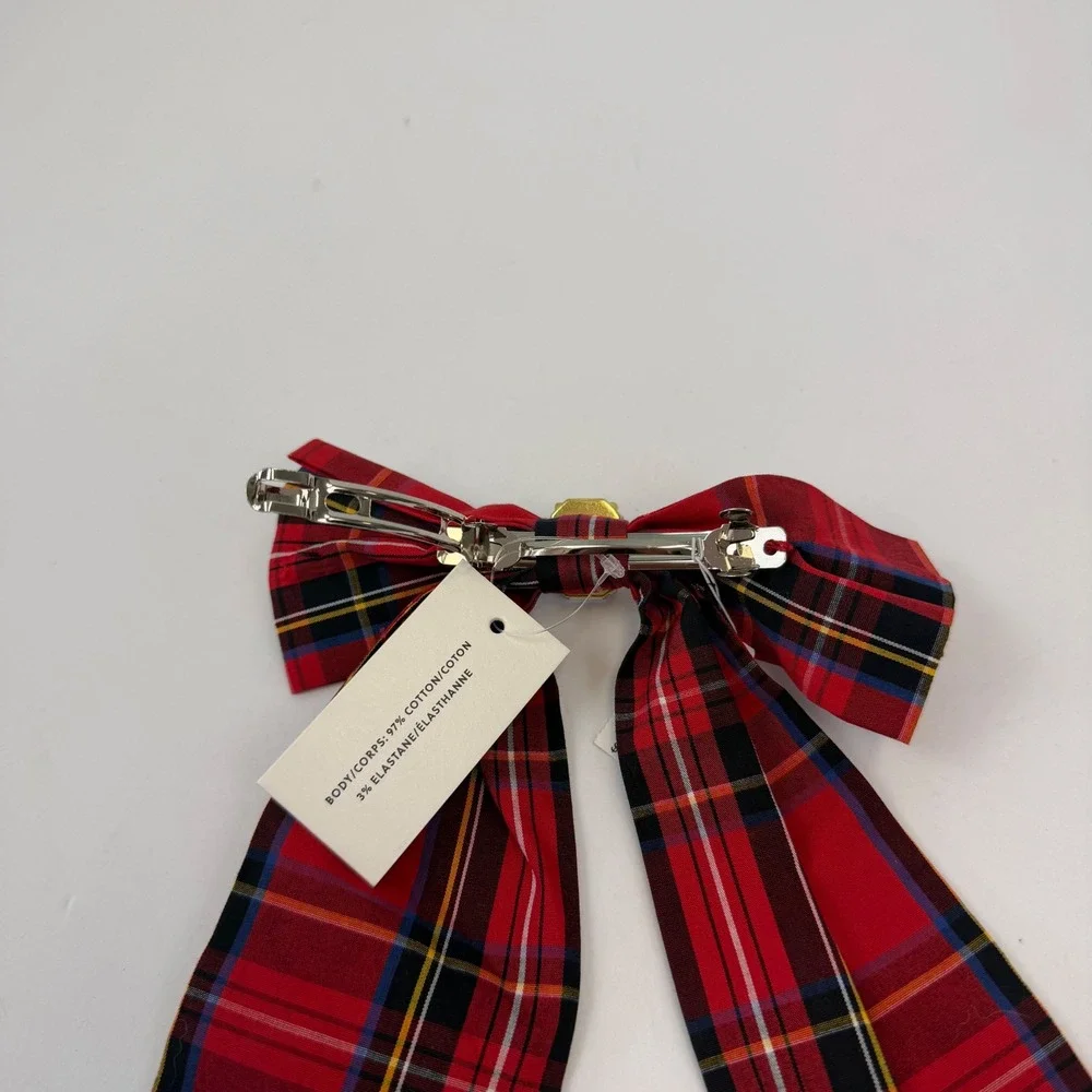 J.Crew Girls Red Tartan Plaid Hair Bow Barrette with Rhinestone New